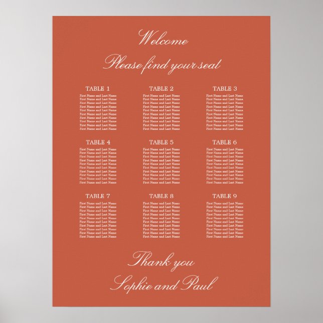 Terracotta 9 Table Wedding Chart Poster (Vorne)