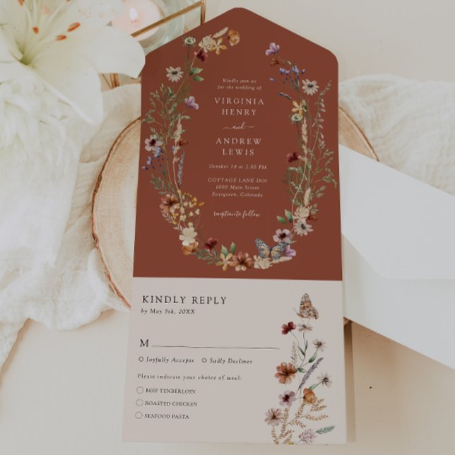 Terracotta All in One Wedite Einladung (Terracotta Boho Floral All in One Wedding Invite with Butterfly by Painted Paperie
)