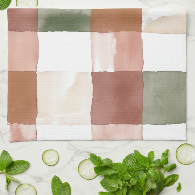 Terracotta and Green Watercolor Plaid Gingham Geschirrtuch (Gefaltet)