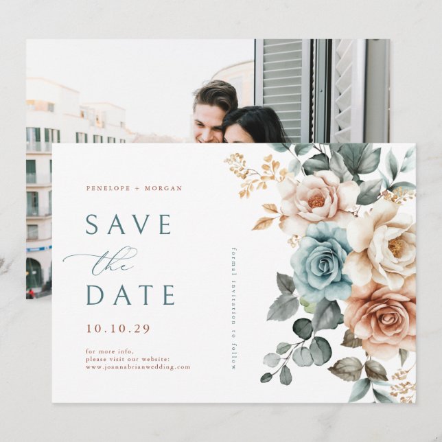 Terracotta Aquamarin Neutral Watercolor Florenz Save The Date (Vorne/Hinten)