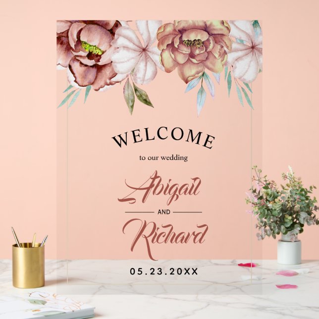 Terracotta Aquarell Blume BEGRÜSSEN Acrylschild (Hochzeit)