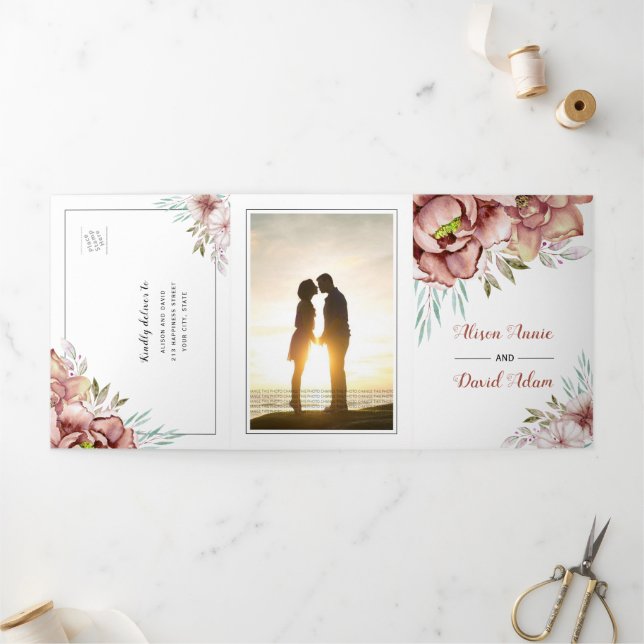 Terracotta Aquarell Blume Florenz Foto Hochzeit Dreifach Gefaltete Einladung (Außenbereich)