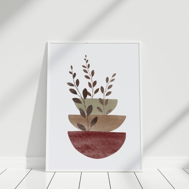 Terracotta auf dem Abstrakten Wasser Poster (Watercolor Terracotta Abstract Floral Pots Art Poster in white frame  against white wall.)