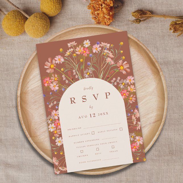 Terracotta auf dem Boho Rustikale Terrasse RSVP Karte (Terracotta burnt orange beige boho rustic wildflower floral arch fall wedding RSVP card Watercolor )