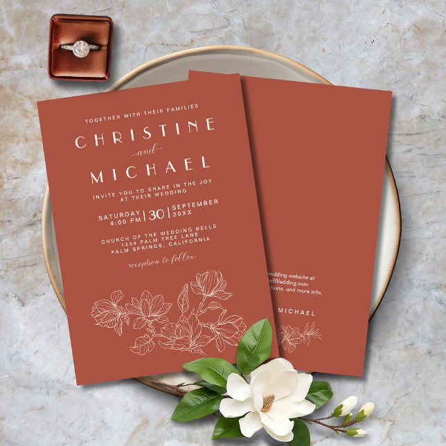 Terracotta auf dem Lande Einladung (Terracotta Floral Elegant Formal Wedding Invitation with Magnolias Line Art, Ivory, Script Fonts.)