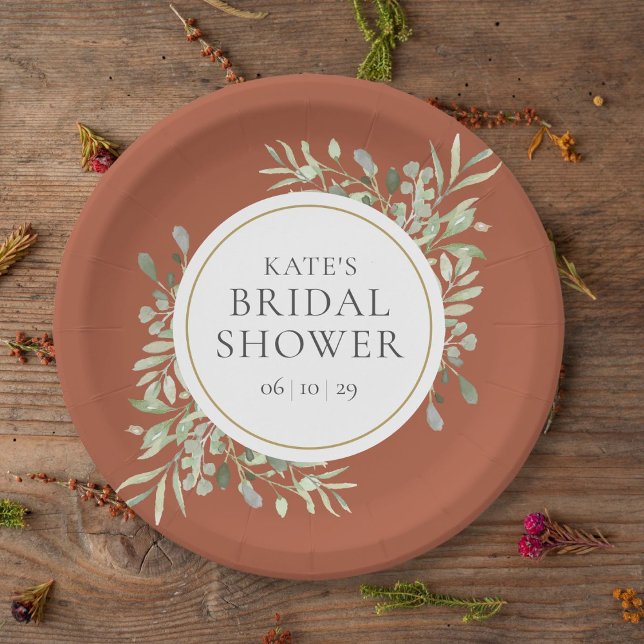 Terracotta auf dem Monte Tamaro Brautparty Pappteller (Elegant Terracotta Gold Greenery Bridal Shower Paper Plates)
