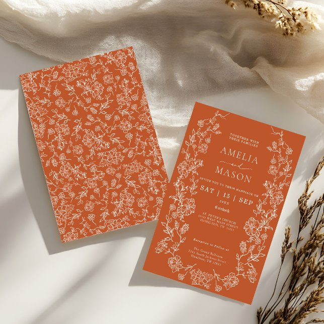 Terracotta auf dem Monte Tamaro Einladung (Terracotta Fall and autumn wedding invitation with white floral border)