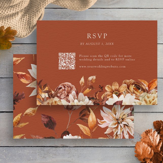 Terracotta Autumn QR Code RSVP Card Karte (Watercolor Terracotta Autumn Floral QR Code RSVP Card by Painted Paperie
)