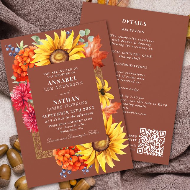 Terracotta Autumn Watercolor Floral QR Code Einladung (Von Creator hochgeladen)