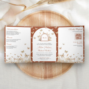 Terracotta Beige Wildblume Butterfly Arch Wedding Dreifach Gefaltete Einladung