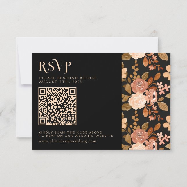 Terracotta Black Floral Herbst QR Code Hochzeit RSVP Karte (Vorderseite)