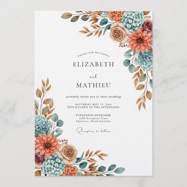 Terracotta Blue Painterly Flora Wedding Einladung (Vorderseite)