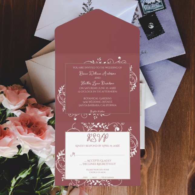 Terracotta Blühe Hochzeit in einer Einladung (Terracotta Flourish All in One Wedding Invite)
