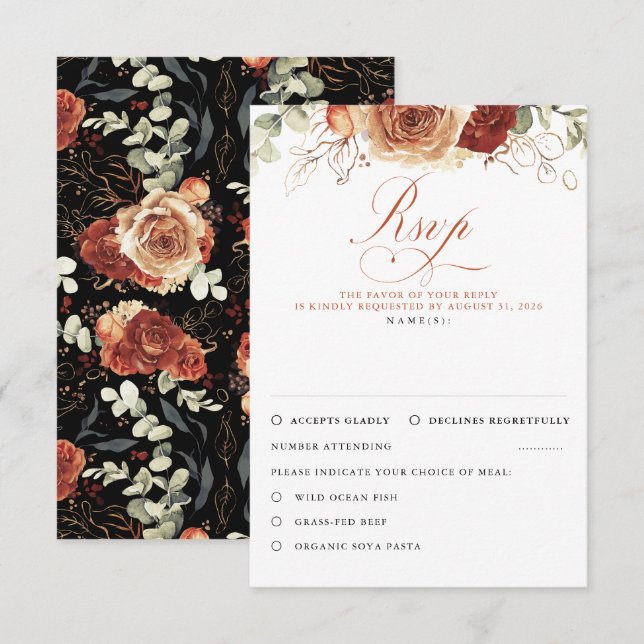 Terracotta Blume Black Wedding RSVP Karte (Vorne/Hinten)
