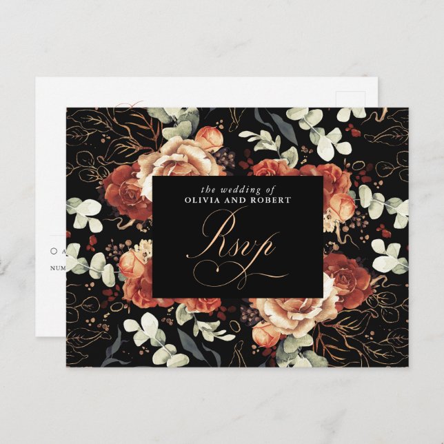 Terracotta Blume Black Wedding RSVP Postcard Postkarte (Vorne/Hinten)