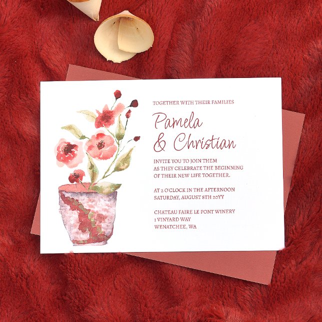 Terracotta-Blume, Botanische Clay Pot Wedding Einladung (terracotta rust clay pot wedding invitations, floral copper pink flowers and green leaves)