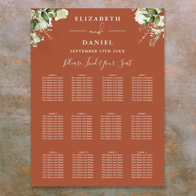 Terracotta Blumengrün Hochzeitsskizze Poster (Terracotta Floral Greenery Wedding Seating Chart)