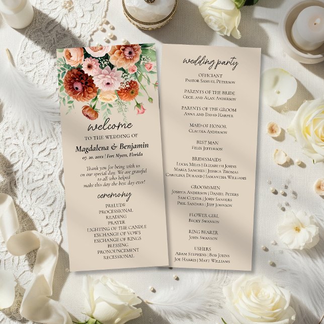 Terracotta Blush & Cream Florals Hochzeitsprogramm (Von Creator hochgeladen)