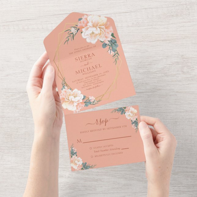 Terracotta Blush Gold Peach Cream Floral Wedding All In One Einladung (Abreißen)
