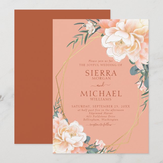 Terracotta Blush Peach Cream Gold Flora Hochzeit Einladung (Vorne/Hinten)
