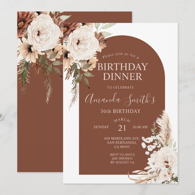 Terracotta Boho Arch Floral Geburtstag 30. Abendes Einladung (Vorne/Hinten)
