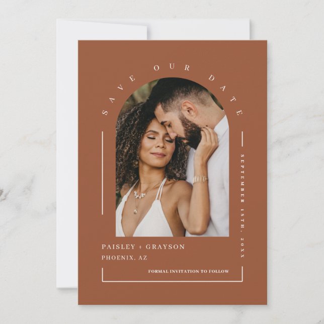 Terracotta Boho Arch Foto QR Code Rettete Unser Da Einladung (Vorderseite)