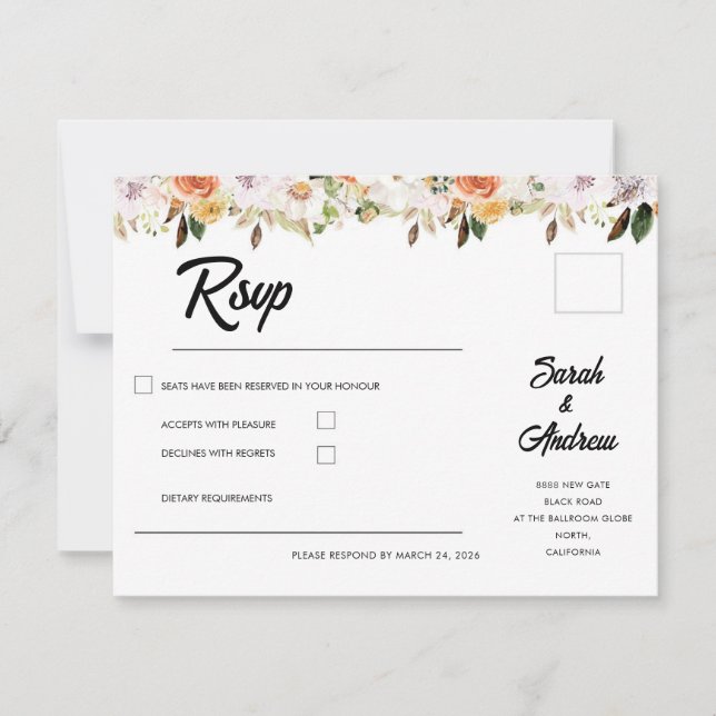 Terracotta Boho Autumn Floral Wedding RSVP Karte (Vorderseite)