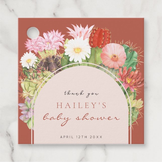 Terracotta Boho Bloom Cactus Baby Shower Geschenkanhänger (Vorderseite)