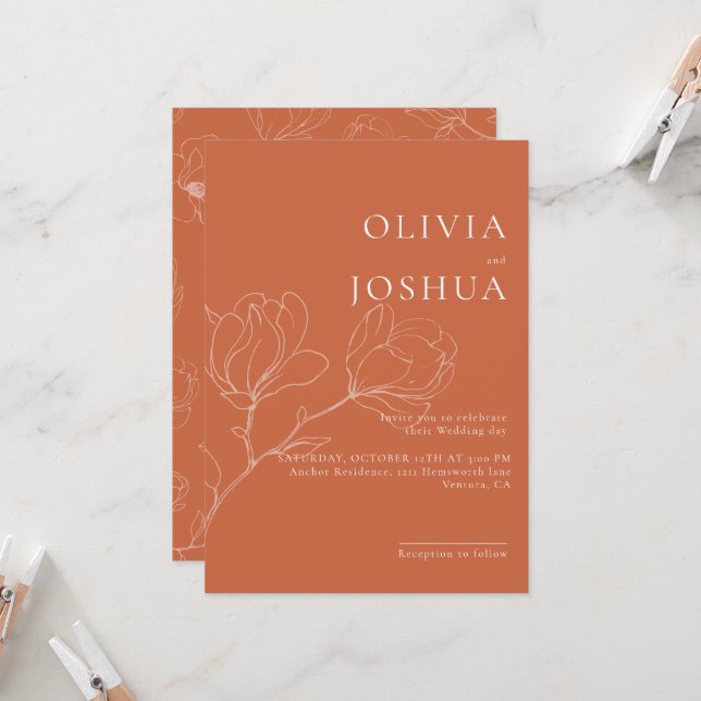 Terracotta Boho blumenreiche Hochzeit Einladung (Vorderseite/Rückseite Beispiel)