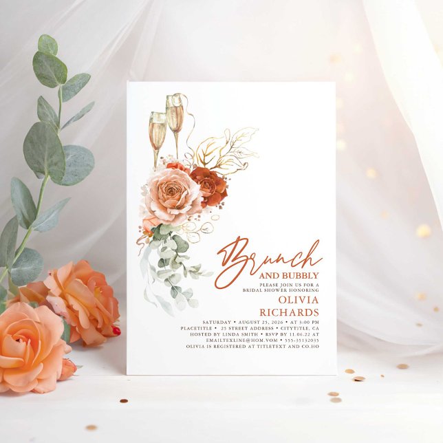 Terracotta Boho Brunch und Bubbly Brautparty Einladung (Brunch and Bubbly - Terracotta Floral Boho Bridal Shower Invitations)
