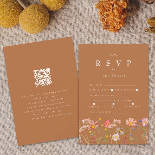 Terracotta Boho Fall Floral RSVP Karte (Terracotta boho fall floral wedding rsvp with website qr code Watercolor wildflowers elegant modern)