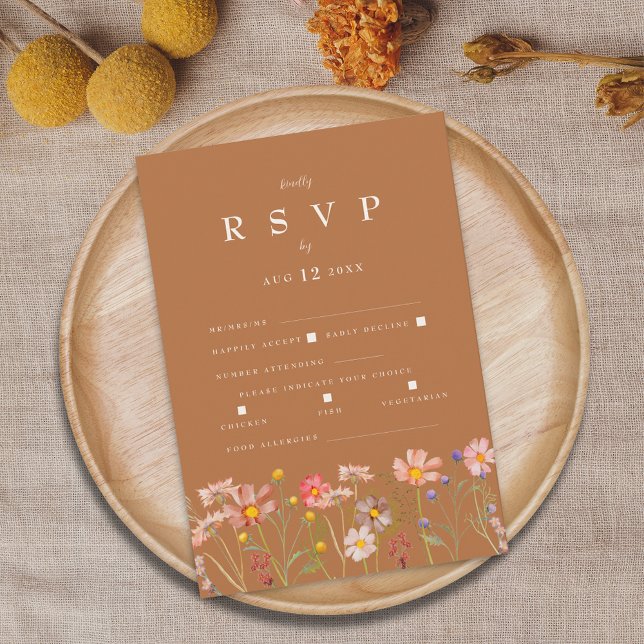Terracotta Boho Fall Floral RSVP Karte (Terracotta boho fall floral wedding rsvp card With meal choices and food allergies. Watercolor)
