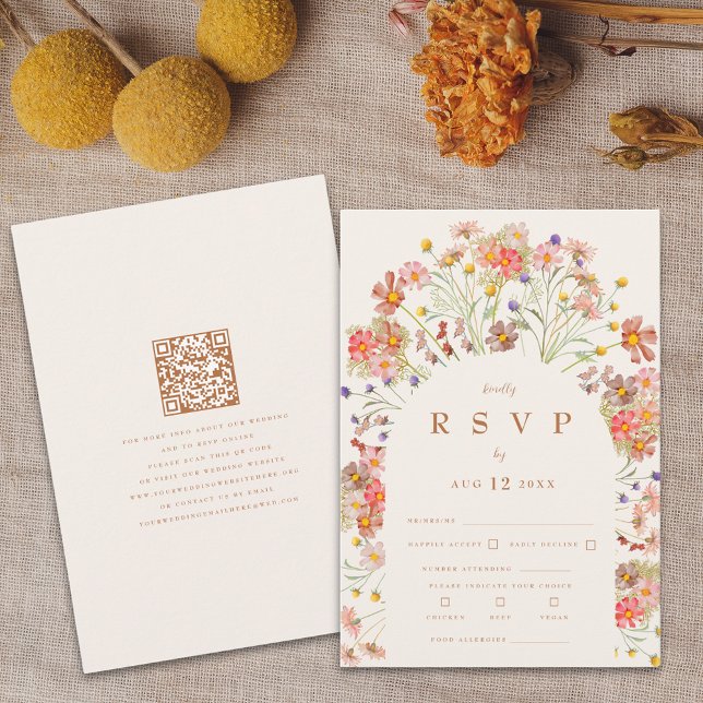 Terracotta Boho Fall Floral RSVP Karte (Boho fall wildflower floral arch terracotta burnt orange beige wedding RSVP card autumn watercolor )