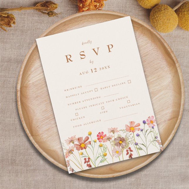 Terracotta Boho Fall Floral RSVP Karte (Boho fall wildflower wedding rsvp card with autumn watercolor florals and elegant terracotta script)