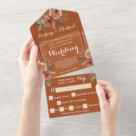 Terracotta Boho Fall Wasserfarbenprägung Hochzeits All In One Einladung