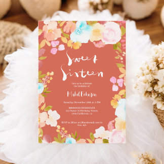 Terracotta boho floral Aquarellschrift Sweet 16 Einladung