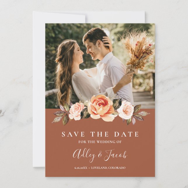 Terracotta Boho Floral Foto Wedding Save The Date (Vorderseite)