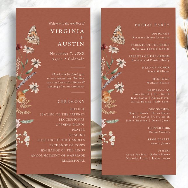 Terracotta Boho Floral Wedding Programm (Terracotta Boho Floral Wedding Program with Butterfly by Painted Paperie
)