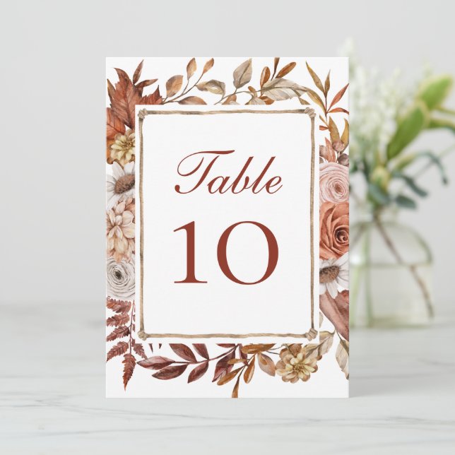 Terracotta Boho Floral Wedding Tischnummer Cards (Stehend Vorderseite)
