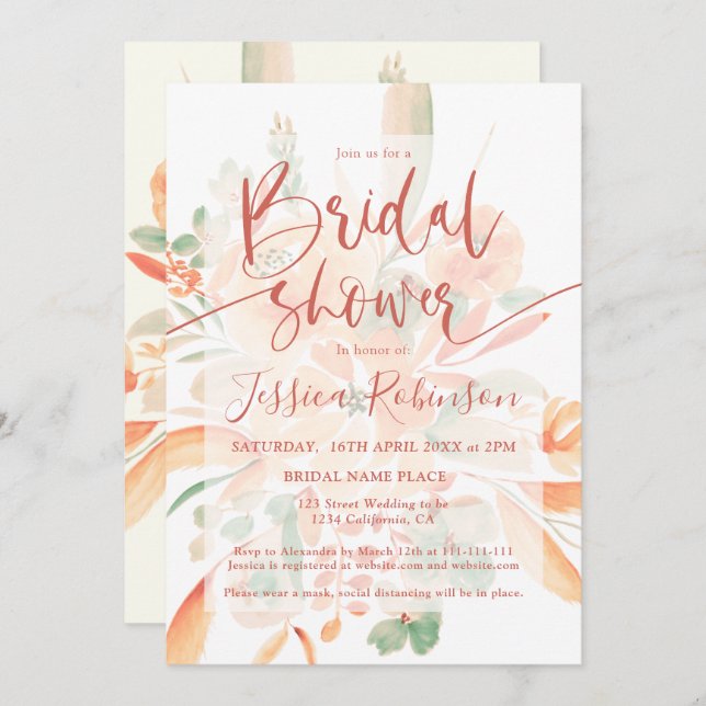 Terracotta boho florale Aquarell Brautparty in Einladung (Vorne/Hinten)