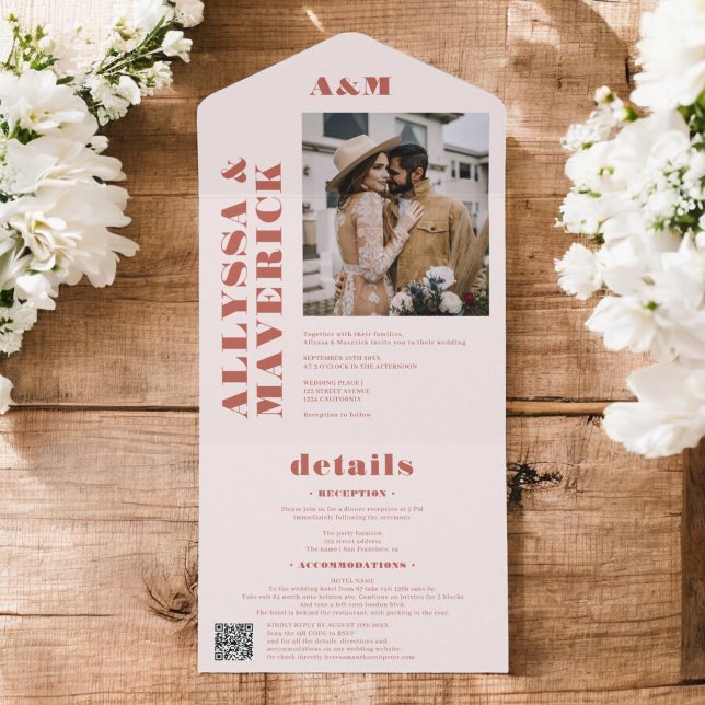 Terracotta boho Foto Hochzeit All In One Einladung (Terracotta boho simple monogram photo wedding all in one invitation)