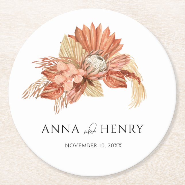 Terracotta Boho getrocknete Pampas Gras Hochzeit Runder Pappuntersetzer (Vorderseite)