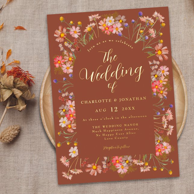 Terracotta Boho Hochzeit im Herbst Florenz Folieneinladung (Burnt orange terracotta boho floral arch fall elegant gold foil script wedding invitation)
