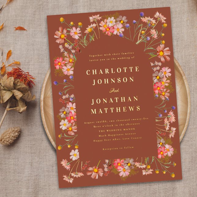 Terracotta Boho Hochzeit im Herbst Florenz Folieneinladung (Burnt orange terracotta boho floral arch elegant gold foil fall wedding invitation Watercolor flower)