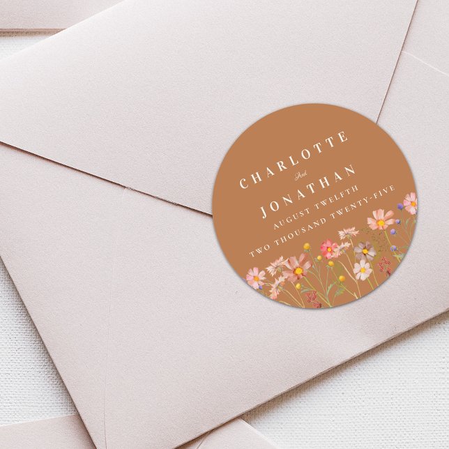 Terracotta Boho Hochzeit im Herbst Runder Aufkleber (Terracotta Boho fall rustic Wildflower floral custom Wedding sticker watercolor elegant modern)