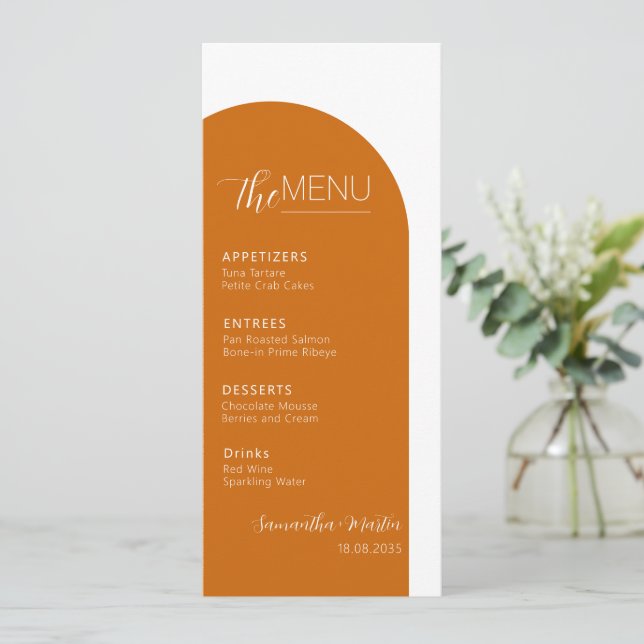 Terracotta Boho Minimal Script Wedding Menu Menükarte (Stehend Vorderseite)