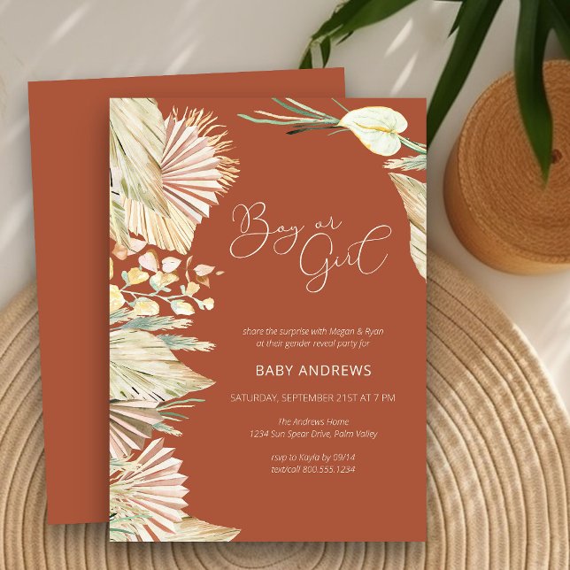 Terracotta Boho Palm getrocknete Foliage Geschlech Einladung (Gender Reveal Invitation Card in terracotta with boho palm leaves)