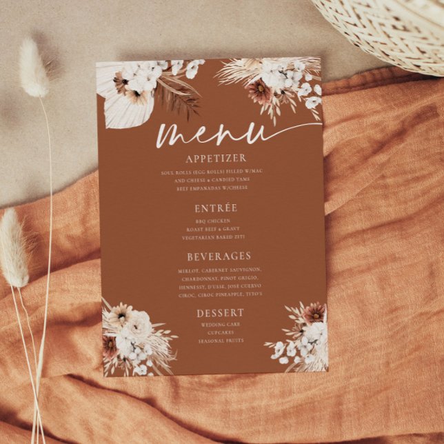Terracotta Boho Pampas Gras Wedding Flat Menu (Von Creator hochgeladen)