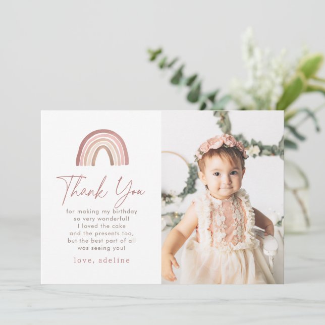 Terracotta Boho Rainbow Geburtstag Dankeschön Kart Einladung (Stehend Vorderseite)
