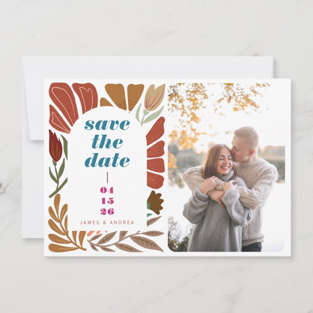 Terracotta Boho Retro Bright Floral Wedding Foto Save The Date (Vorderseite)